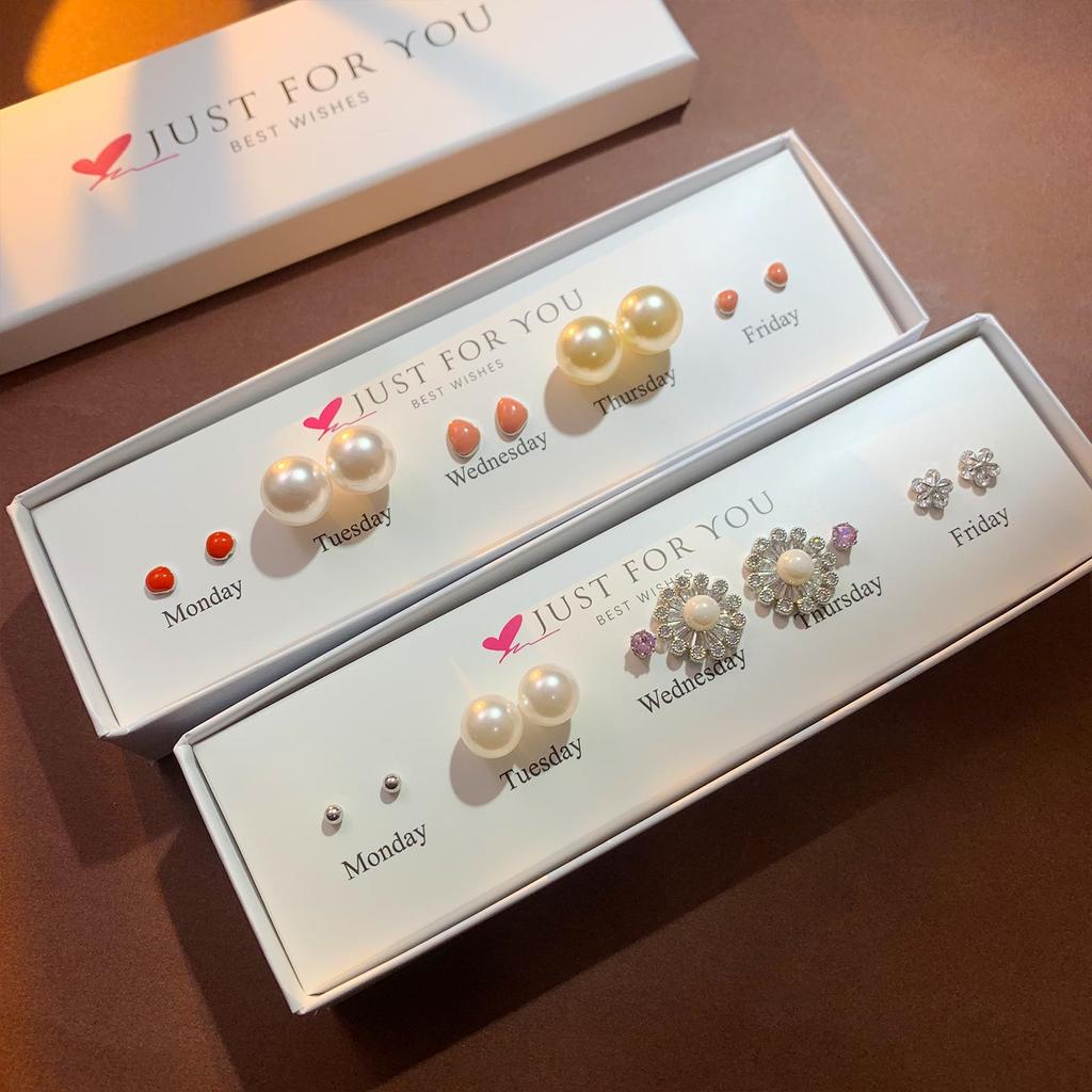 Weekly Earring Set: Flower Zircon Studs, Simple Ear Cuffs, Pearl Tassel French Earrings - 5 Pairs