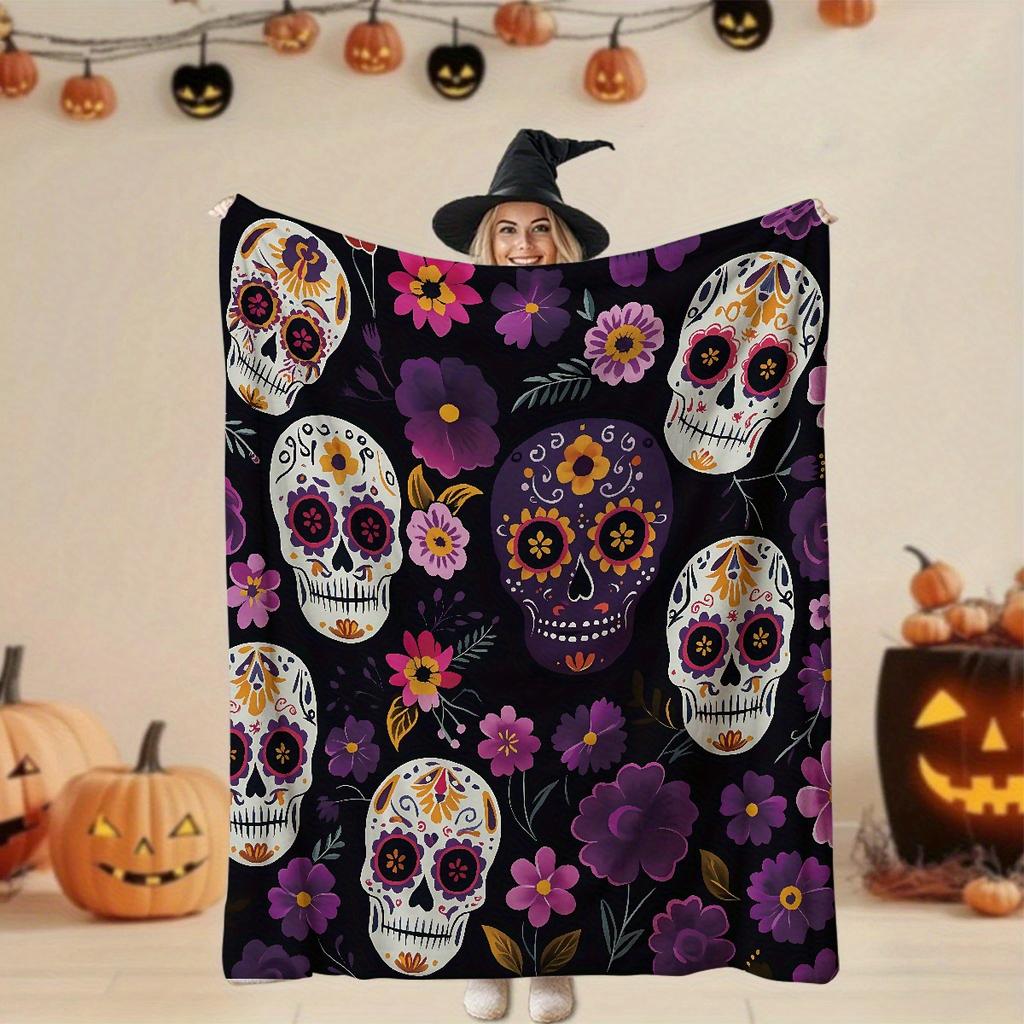 1pc Halloween Creative Skull Floral Print Flannel Blanket Suitable for Bed Sofa Office and More Soft Warm Halloween Gift Decoration