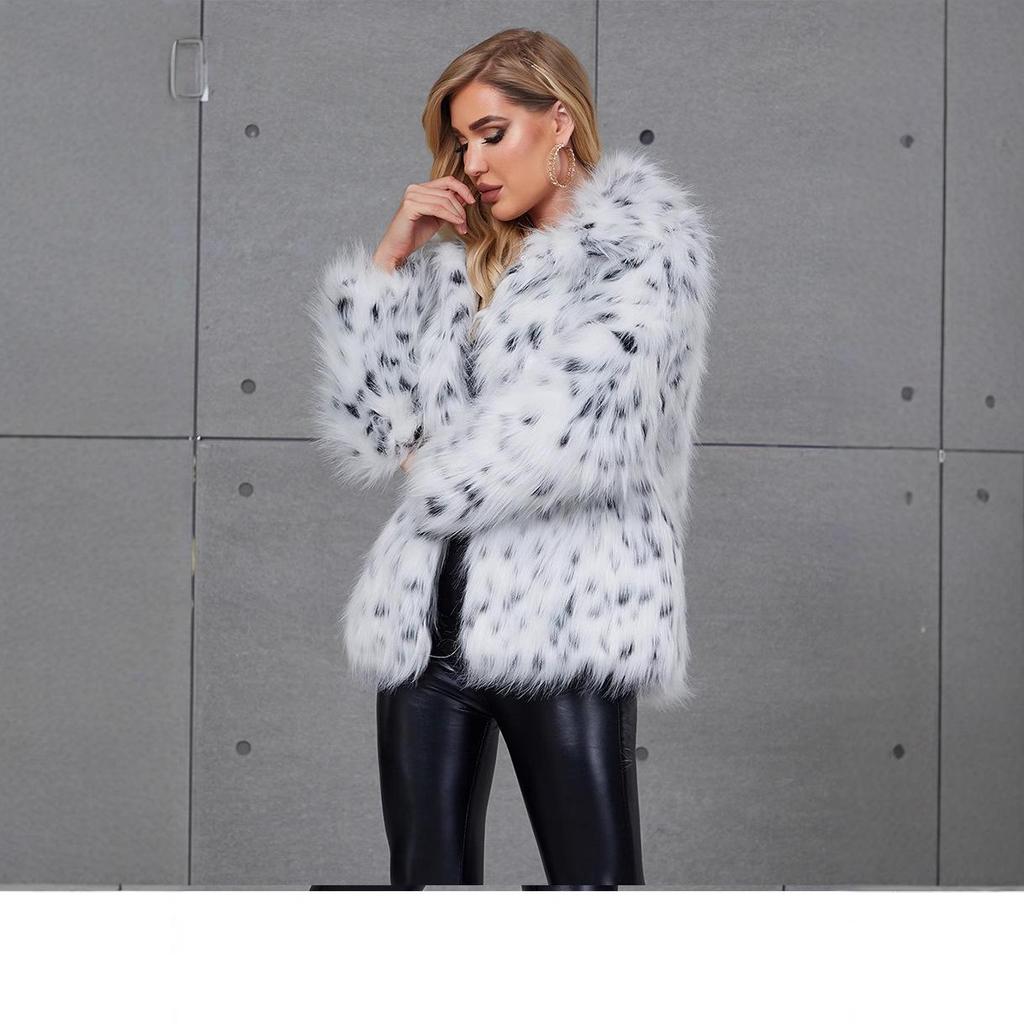Women's Faux Fur Lynx Leopard Print Coat with Turn-Down Collar - Stylish Faux Fox Fur Jacket