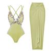 1011 European and American swimwear new green fine flash fabric decal high-end sense one-piece swimsuit women 11111