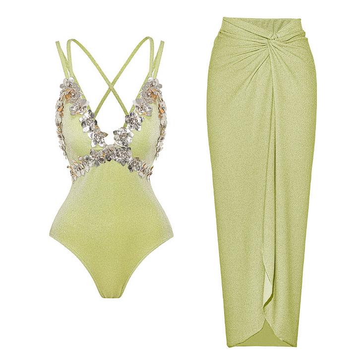 1011 European and American swimwear new green fine flash fabric decal high-end sense one-piece swimsuit women 11111