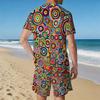 Herren Vintage Fliesenmosaik Patchwork Print Kurzarm T-Shirt und Passende Shorts Zweiteiliges Outfit