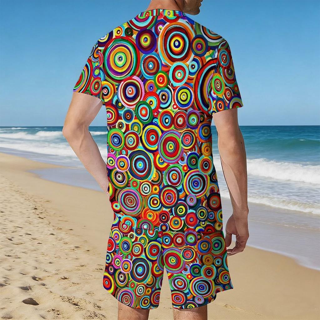 Herren Vintage Fliesenmosaik Patchwork Print Kurzarm T-Shirt und Passende Shorts Zweiteiliges Outfit