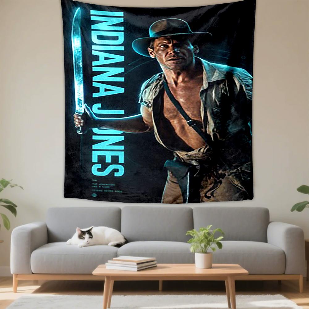 Tapestry Indiana Jones Adventurer Sword Neon Blue Movie Poster Wall Hanging