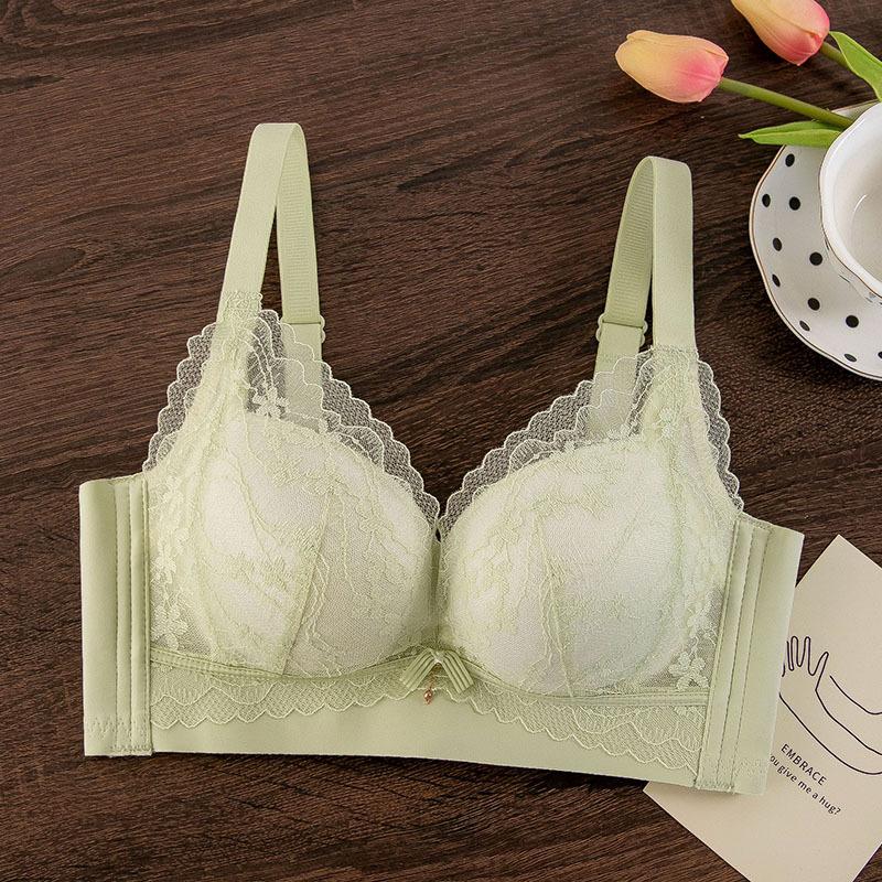 

Small breasts gathered thickened bra shows large adjustment type comfortable baby cotton lace bra closed breast no steel ring 32/70AB зелёный