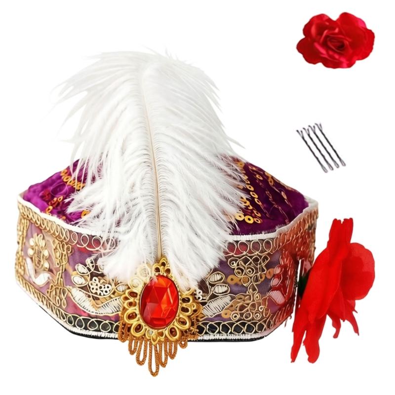 Uyghur Nationality Hat With Embroidery Pattern And Feathered For Women Cosplay Parties And Carnivals Cultural Festival