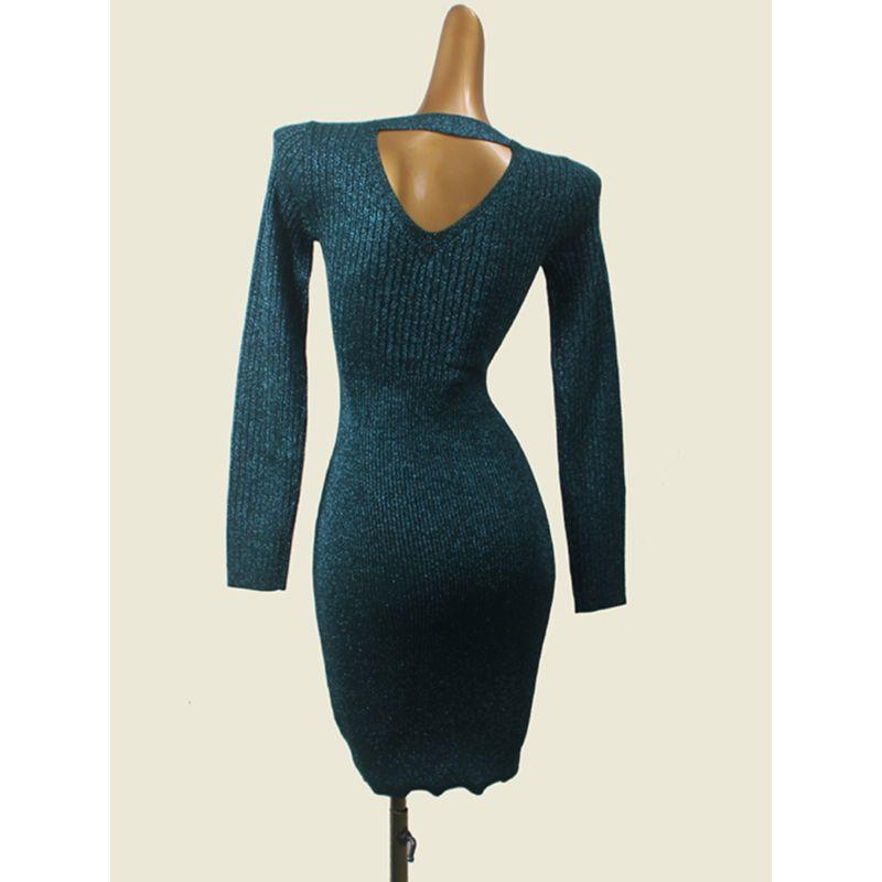 Export V Neck Long Sleeves Knitting Dress Women's Autumn 2024 Silver Silk Silm Waist-Tight Package Hip Sweater Dress