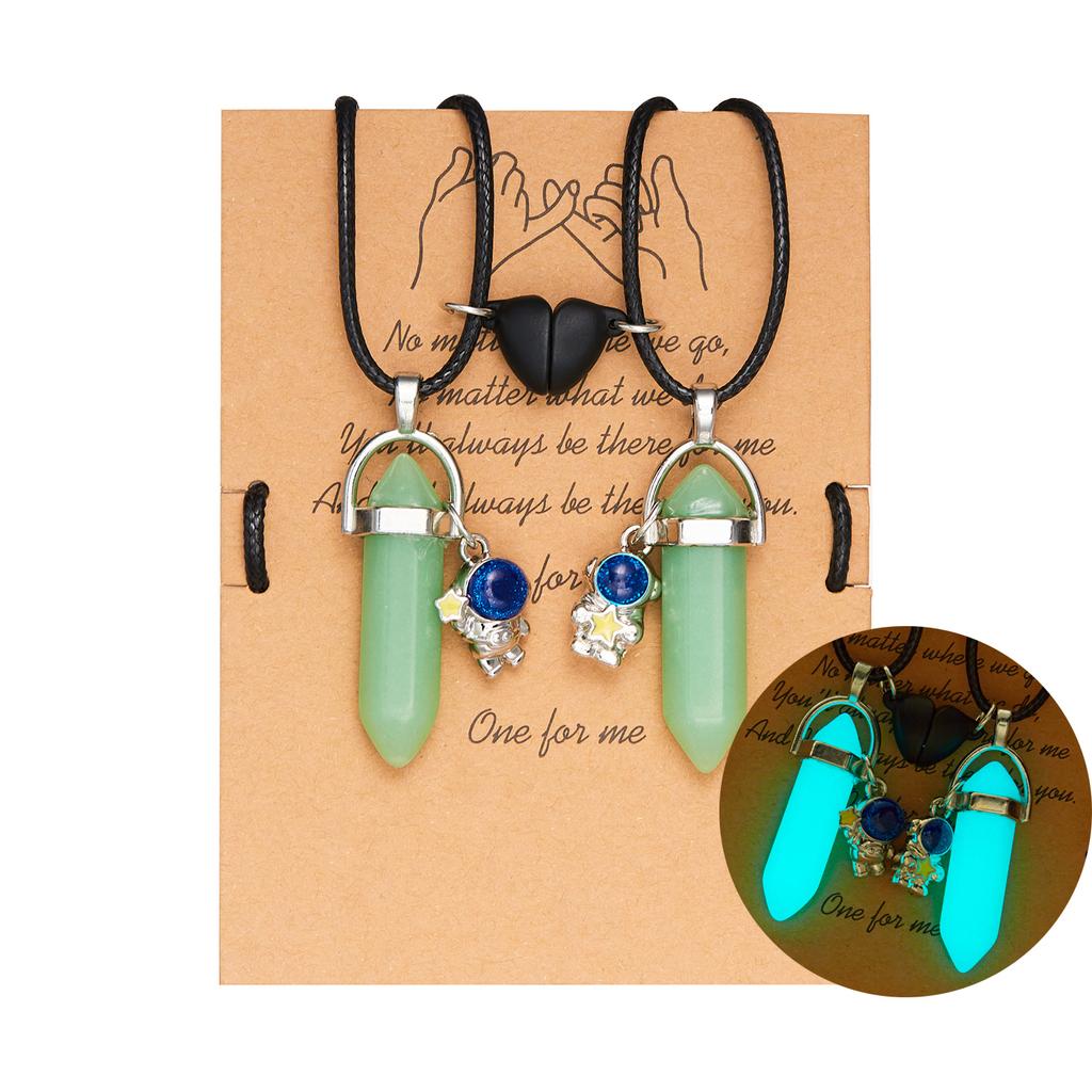 2PCS Luminous Hexagonal Column Couple Necklace for Women Men Astronaut Magnetic Heart Natural Stone Choker Lover Charm Jewelry