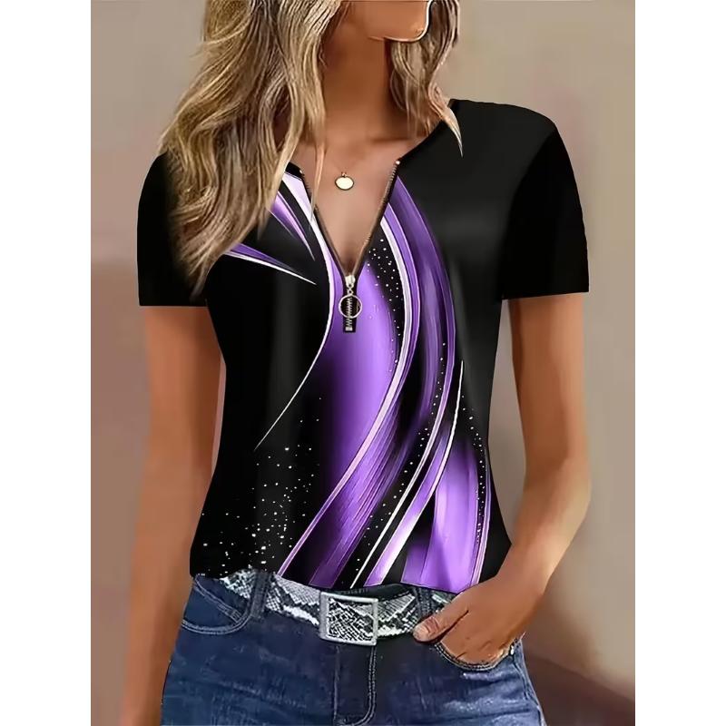 SummerSpring Geometric Printed Pattern Women's Zipper Printed Short Sleeve T-shirt