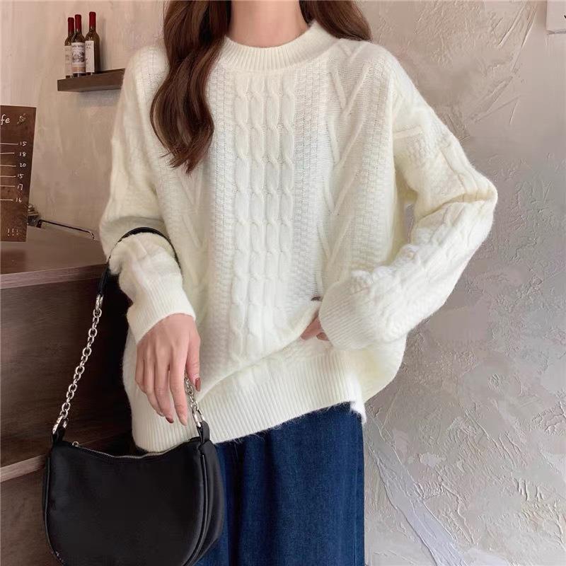 Women's Retro Lazy Style Cable Knit Sweater - Soft, Gentle, Loose Round Neck