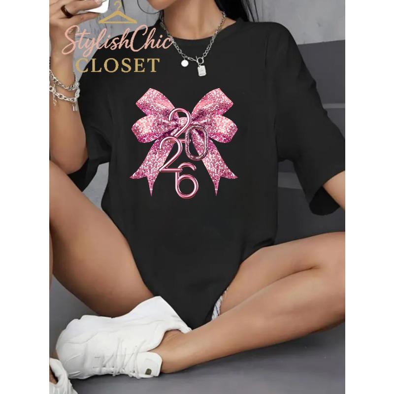 

Women s T-shirt Women s Pure Loose-fitting T-shirtGift Unisex Style Pink Glitter Bow 2026 Printed Women s T-Shirt Casual Fashion 4XL чорний