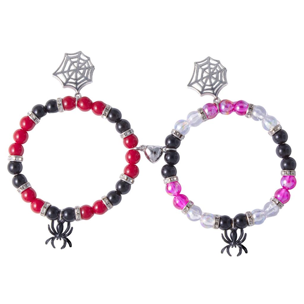 2Pcs/Set Gothic Spider Animal Beaded Bracelet Creative Heart Magnetic Matching Couple Bracelets for Women Men Halloween Gift