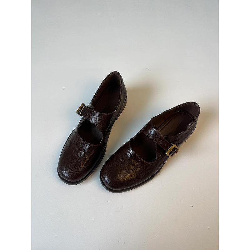 Sheepskin Version~ Retro Commuter Mary Jane Shoes Women's Round Head Thick Heel Leather Single Shoes Versatile One-word Buckle Belt Small Leather Shoe