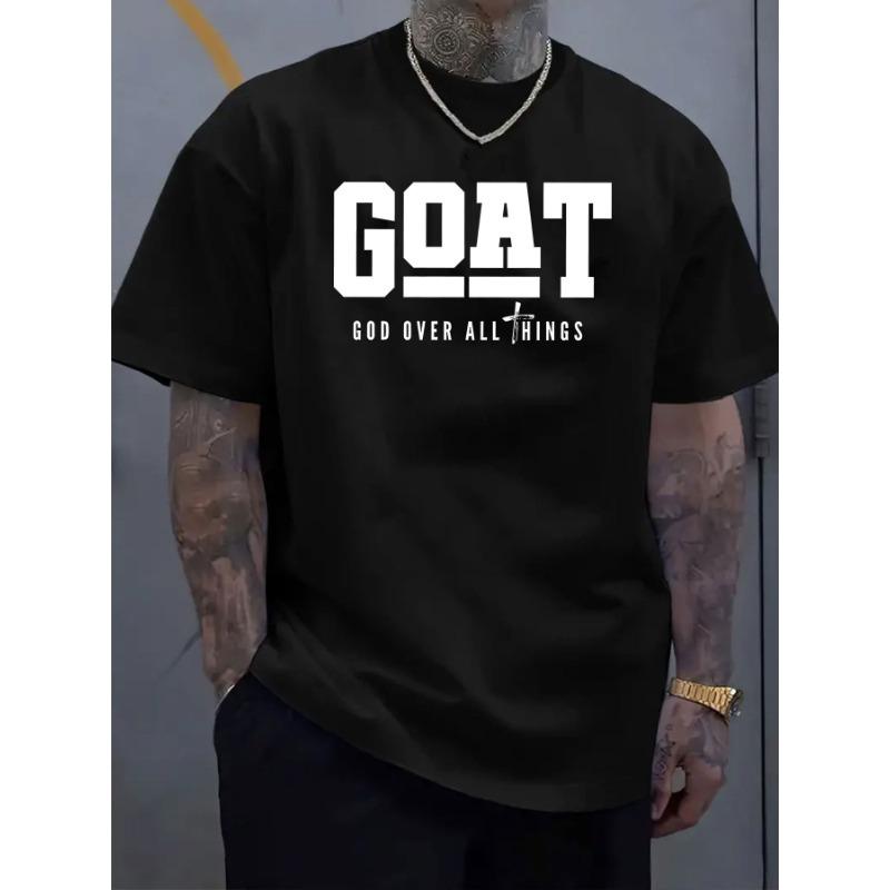 

Европейские размеры Мужская светло-голубая футболка с коротким рукавом и смелым принтом GOAT GOD OVER ALL THING - Эластичный круглый вырез, Дышащая летняя ткань S чёрный