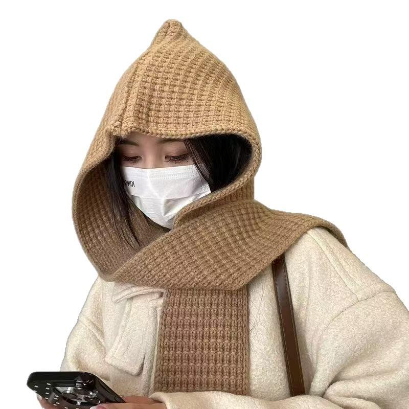Balaclava hat women's autumn and winter thickened warm hat scarf dual-purpose integrated ear protection knitted hat
