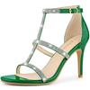 Allegra K Women's Ankle Strap Sandals, High Heels, Rhinestones, T-Strap, Green, Size 23.5cm