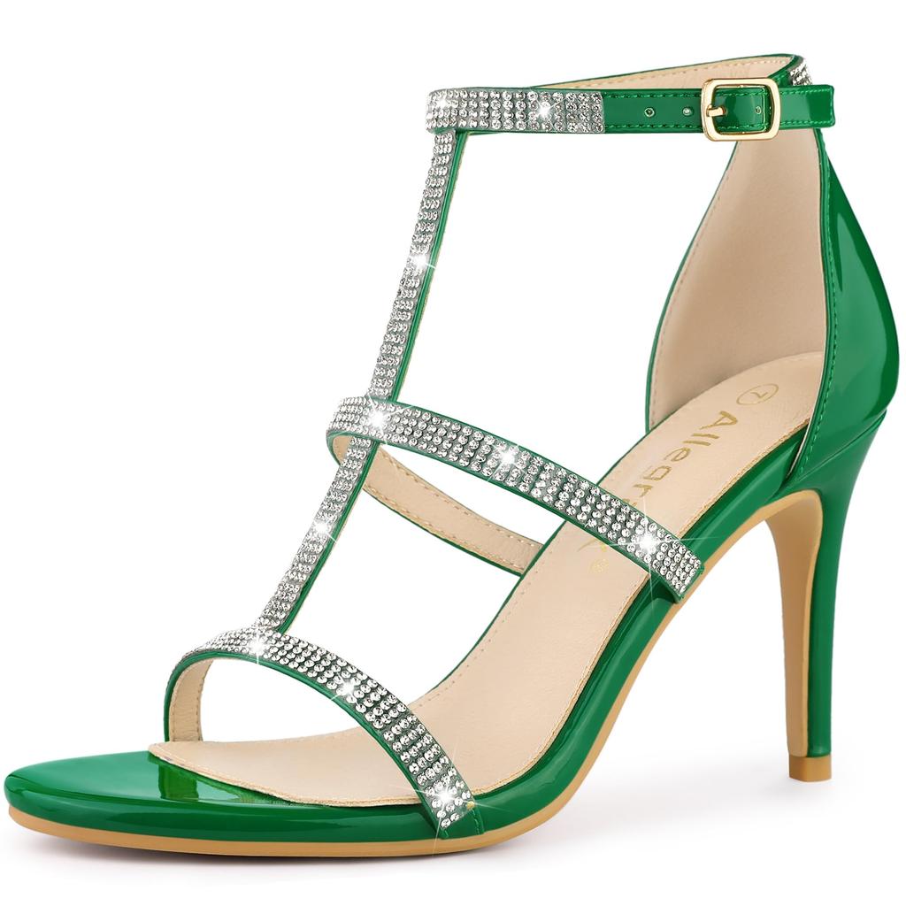 Allegra K Women's Ankle Strap Sandals, High Heels, Rhinestones, T-Strap, Green, Size 23.5cm