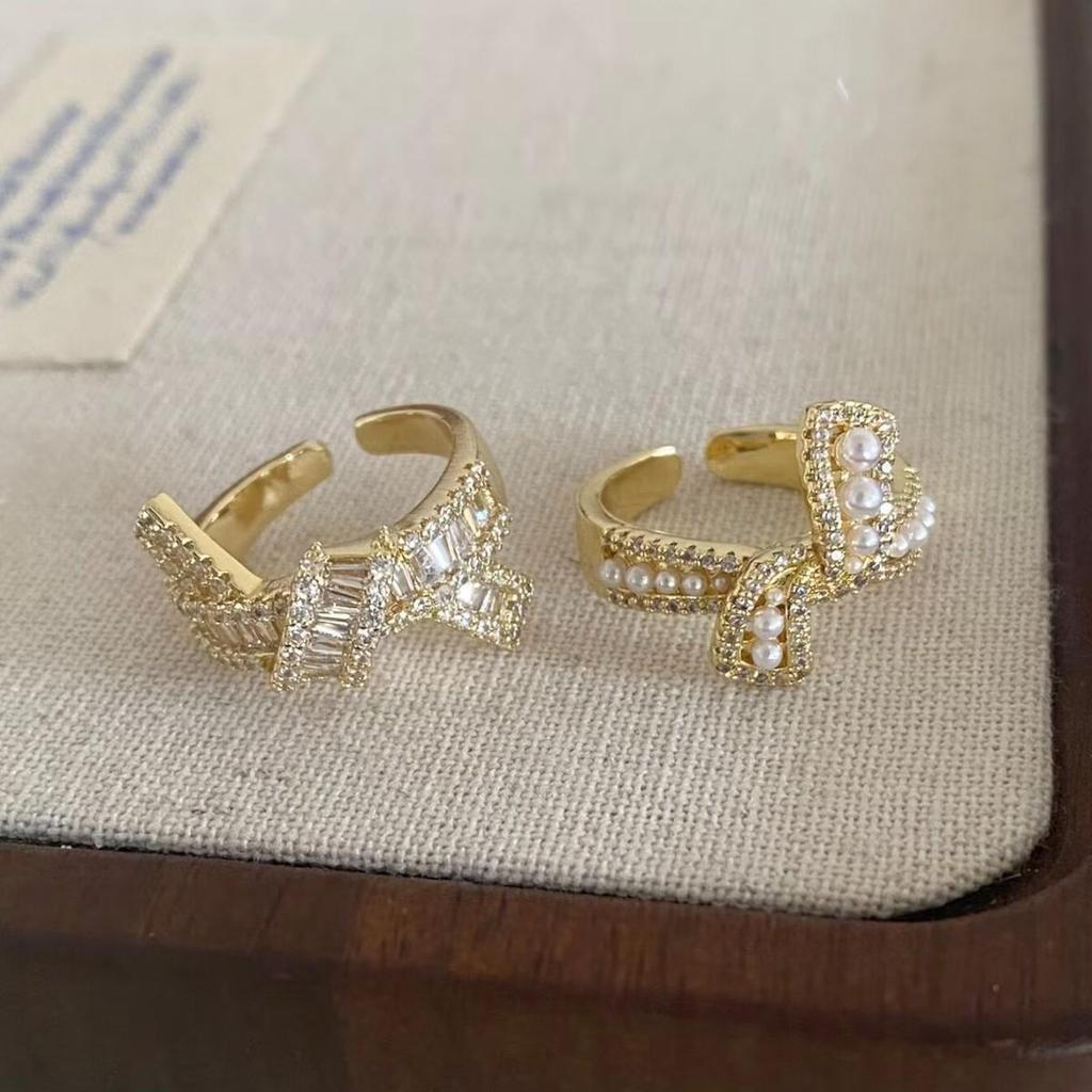 Elegant French Zircon Pearl Knotted Open Ring: Exquisite, Versatile, Cool Style with Niche Design.