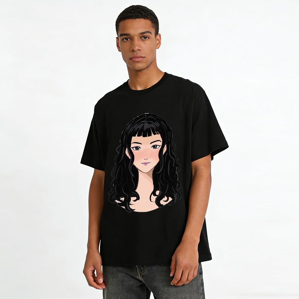Vintage Black Curly Bangs Girl Print Casual Tshirt Loose Comfortable Versatile Crewneck Top Pure cotton T-shirt