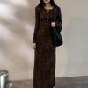 2025 Retro Leopard Print Long Sleeve Waist-Cinched Dress, Light Luxury Slimming Straight Skirt