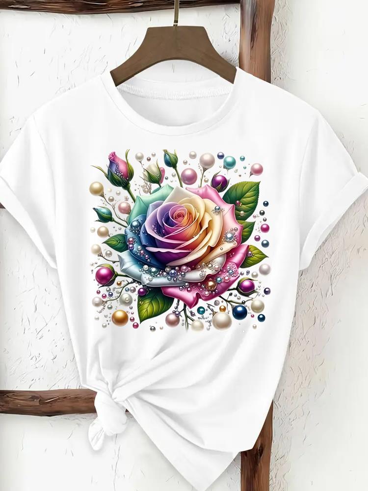 (Asian Size) trend flower cute Woman Women Fashion Tee Top Print Female Clothing Short Sleeve T Shirt Graphic T-shirts