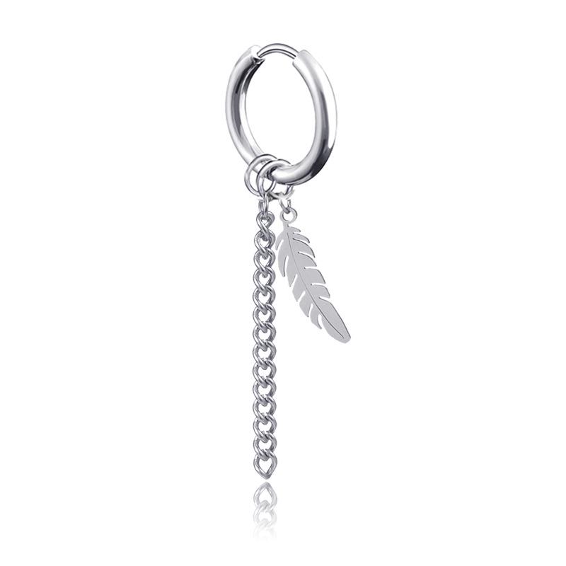 Korean Style Tassel Chain Non-Pierced Titanium Steel Leaf Feather Earrings