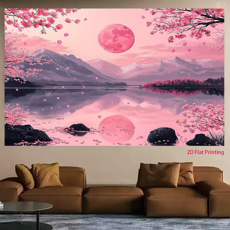 2D Japanese Sakura Mountain Reflection Photography Background