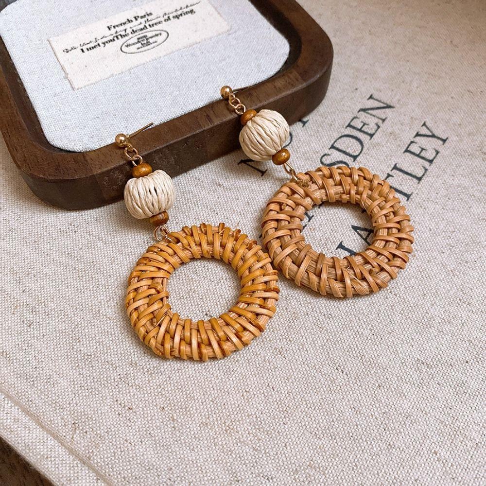Beach Jewelry Bohemian Drop Earrings Round Geometric Earrings Retro Rattan Weave Earrings  Party