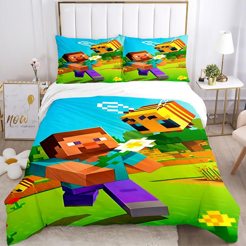 3pcs Minecraft Inspired Home Decor Bedding Set-Perfect for Bedroom, Guest Room, Living Room, Hotels | Ideal Gift for Fans, Travelers, Daily