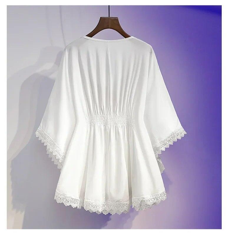 Camisetas de verano para mujer, camisas bordadas bohemias de gran tamaño, capa superior, dobladillo de encaje suelto, camisa tipo kimono con manga de murciélago, Blusa femenina