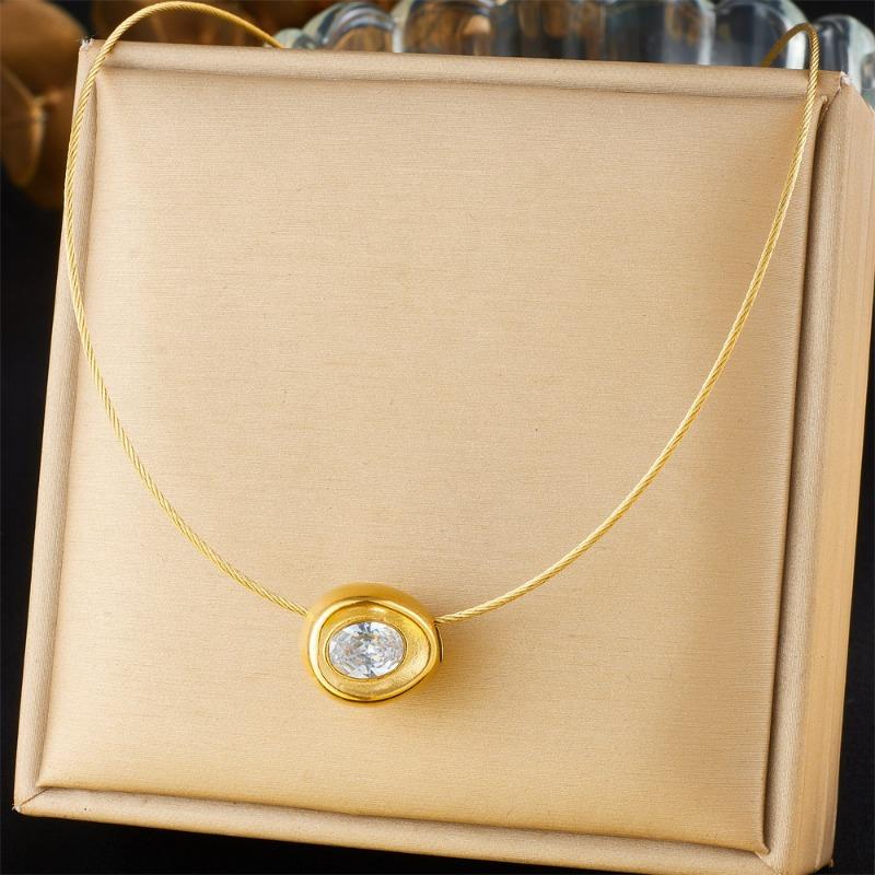 Gold Oval Cubic Zirconia Pendant Steel Wire Choker Necklace for Women