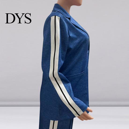 Women Coat Pants Suit 2 Pcs/Set Lady Formal Set Turn-down Collar Single-breasted Long Sleeves Button Decor Trousers Jacket Loose Striped Wide