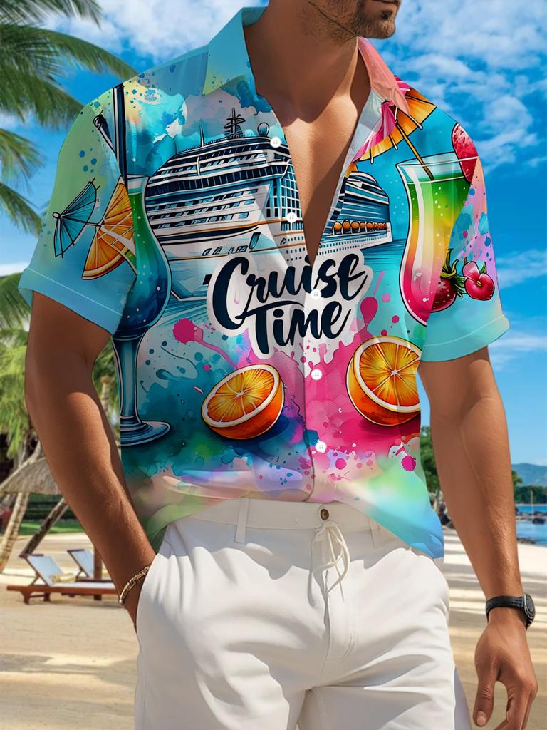 New Men'S Casual Short-Sleeve Shirt, Perfect for Cruise Moments, Vibrant Drinks Accompany Your Journey, Suitable for Holiday Gatherings And Commuting,