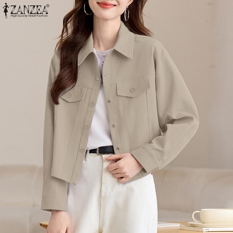 ZANZEA Women Casual Turn Down Collar Long Sleeve Plain Blouse