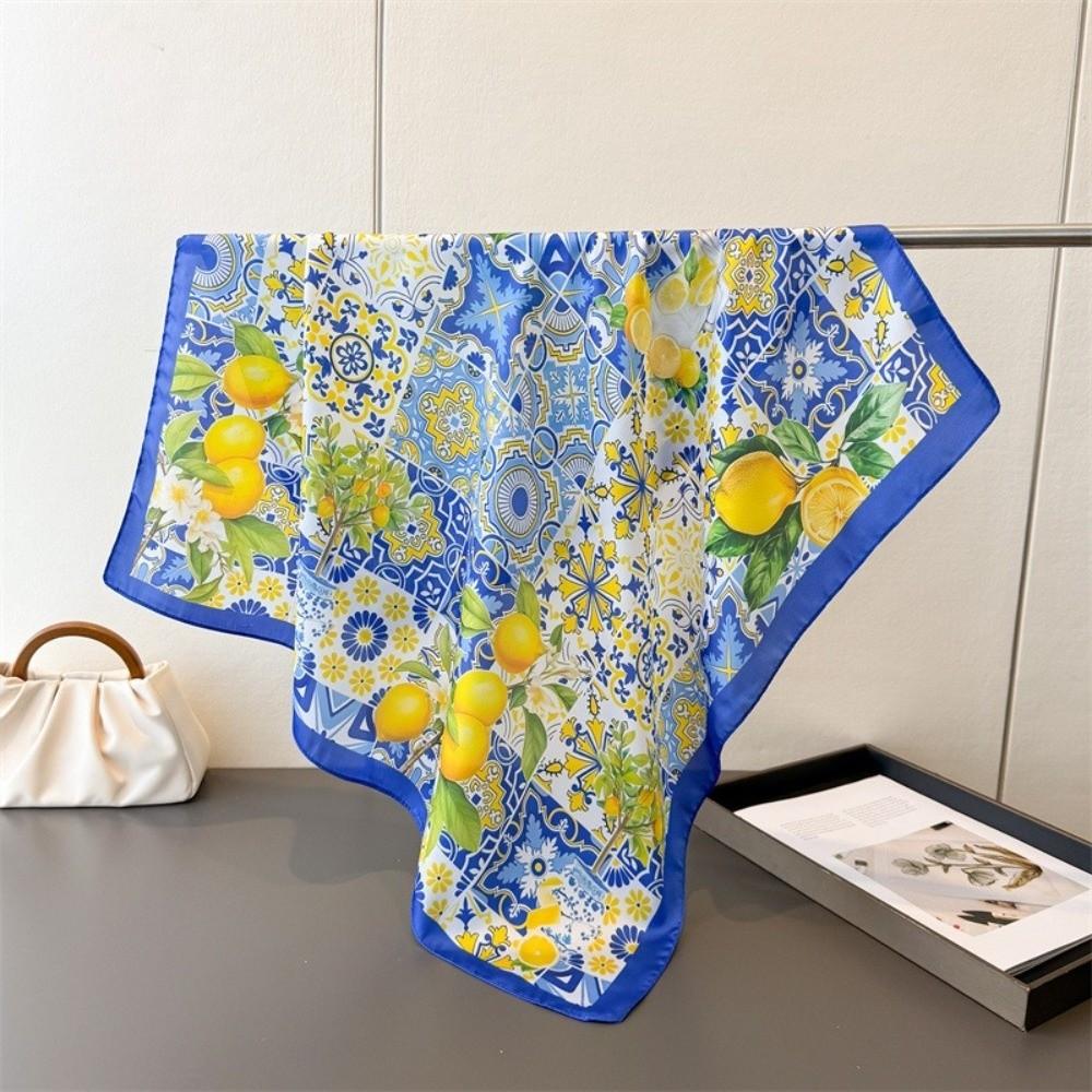 Printed Imitation Silk Scarf Square Neckerchief Fashion Shawl  Beach Travel синий