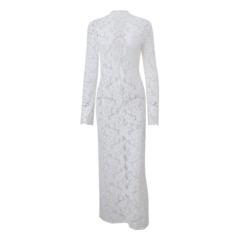 

Autumn and Winter Women s New Sexy Lace Hollow Deep Neck Strap Split Slim Sleeve Long Sleeve Dress L білий