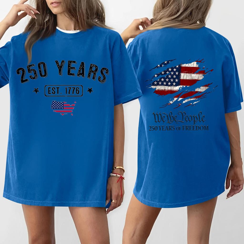 Women's Casual Independence Day 250 Anniversary Printed T-shirt Round Neck Pullover Short Sleeve Top