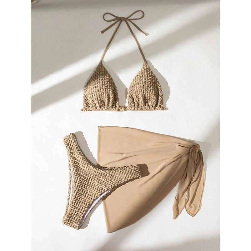 Sexy Brown Bikini Set 2026 Women Halter Push Up Bra Skirt 3 Piece Swimsuit Summer Bathing Suit Cover Up Thong Swimwear Biquini