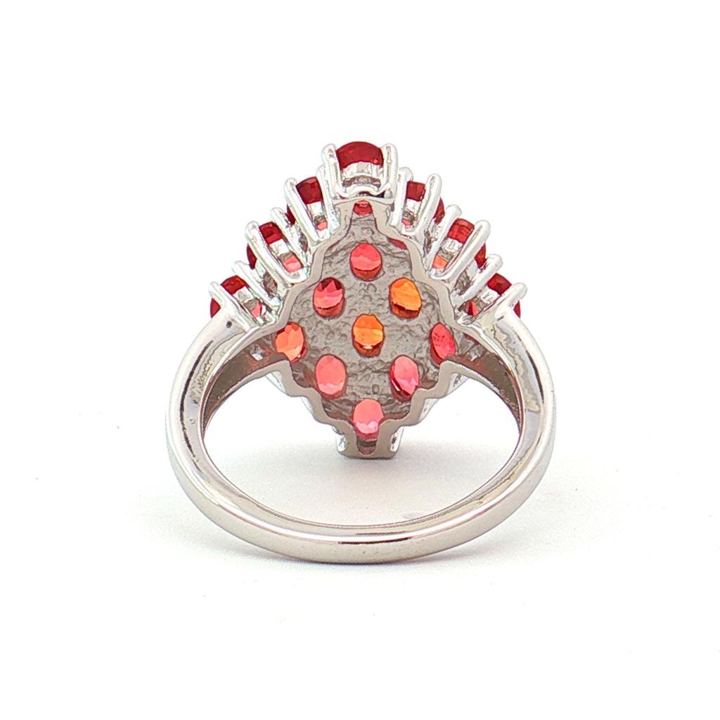 Orange Sapphire Oval Gemstone Band Ring, Rhodium Plated Sterling Silver Stackable Ring