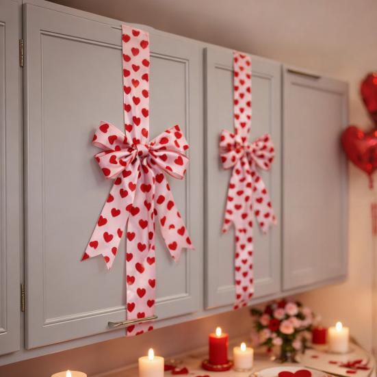 Valentine's Day Decoration Love Heart Bow Hanging Ornament Red Polyester Ribbon for Cabinet Door Wall Festive Home Decor
