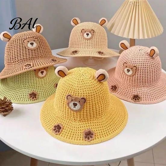 Hollow Woven Summer Hat Cute Animals Straw Sun Hats for Kids, UV Protection Fishing Hat, Wide Cartoon Patch Brim Bucket Breathable Outdoor Beach
