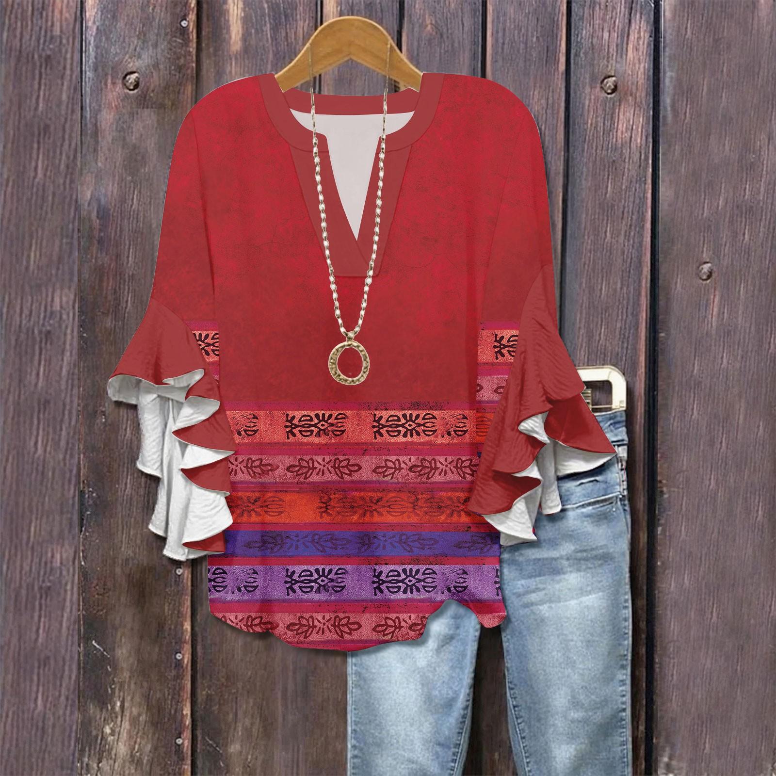 

3/4 Sleeve Shirts For Women Cute Print Graphic Tees Blouses Casual Plus Size Basic Ruffled Sleeve Tops Pullover XL