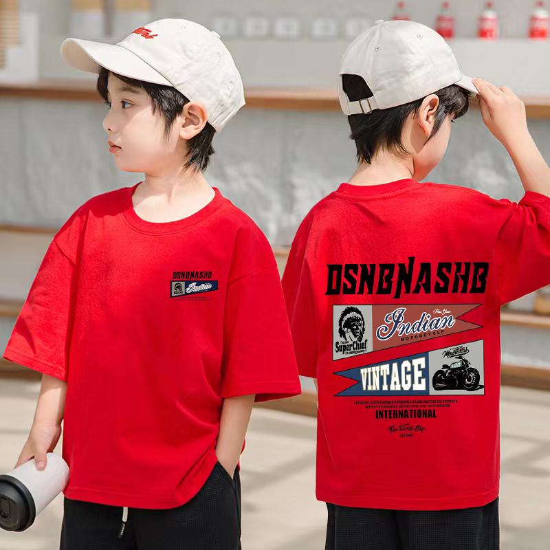 American retro boy short sleeved shirt summer boy T-shirt casual children's top children's clothing printed pattern T-shirt