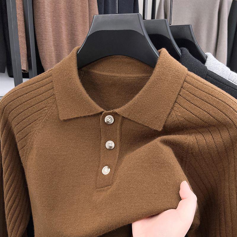 Solid Color Long Sleeve Polo Collar Wool Sweater