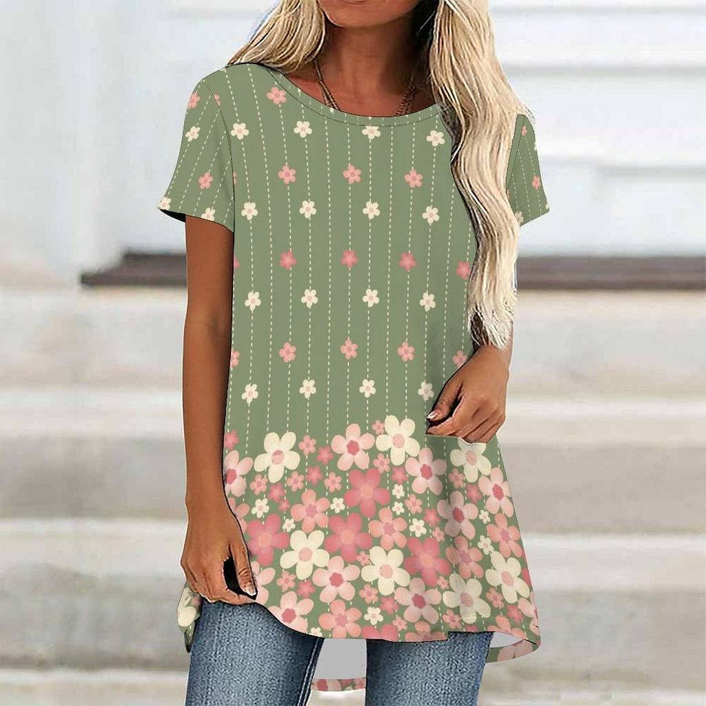 Túnicas Casuales Informales para Mujer con Estampado, Cuello Redondo, Dobladillo Irregular y Manga Corta