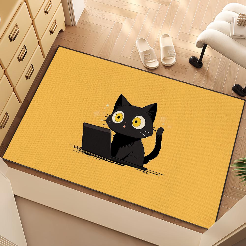 Cute Black Cat Door Mat Welcome Non-slip Floor Bedroom Kitchen Bath Balcony Hallway Rug Home Decoration Carpet