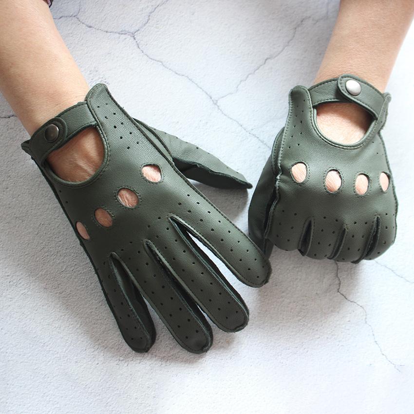 Summer Driving Men's Leather Gloves Single-Layer Unlined Thin Fashion Hollow Motorcycle Riding Gloves Military Green