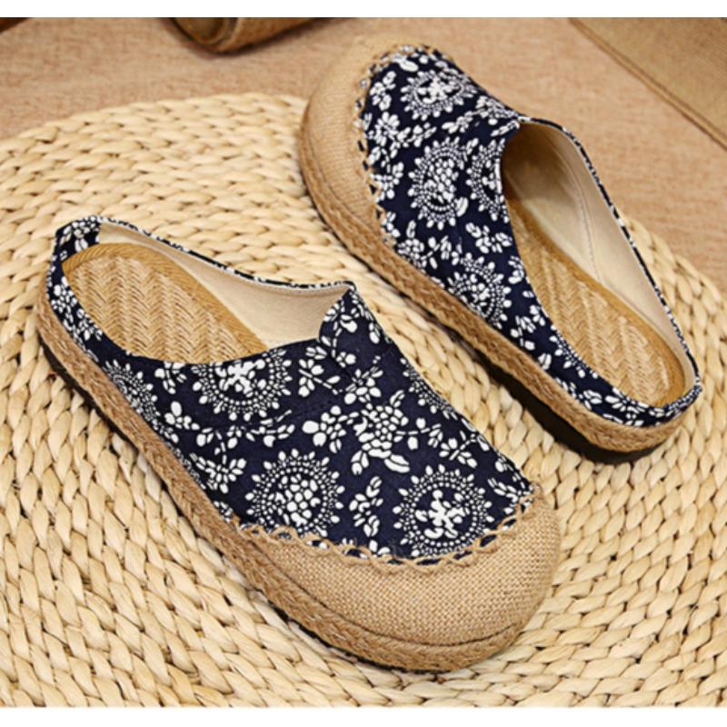 

Модные женские повседневные льняные мюли с ручной вышивкой, плоские шлепанцы в стиле ретро, веганские, летние, из парусины, удобные эспадрильи 40 синий