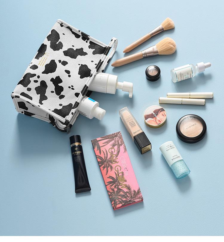 Cow Print Waterproof Cosmetic Travel Bag - Portable Skincare Organizer