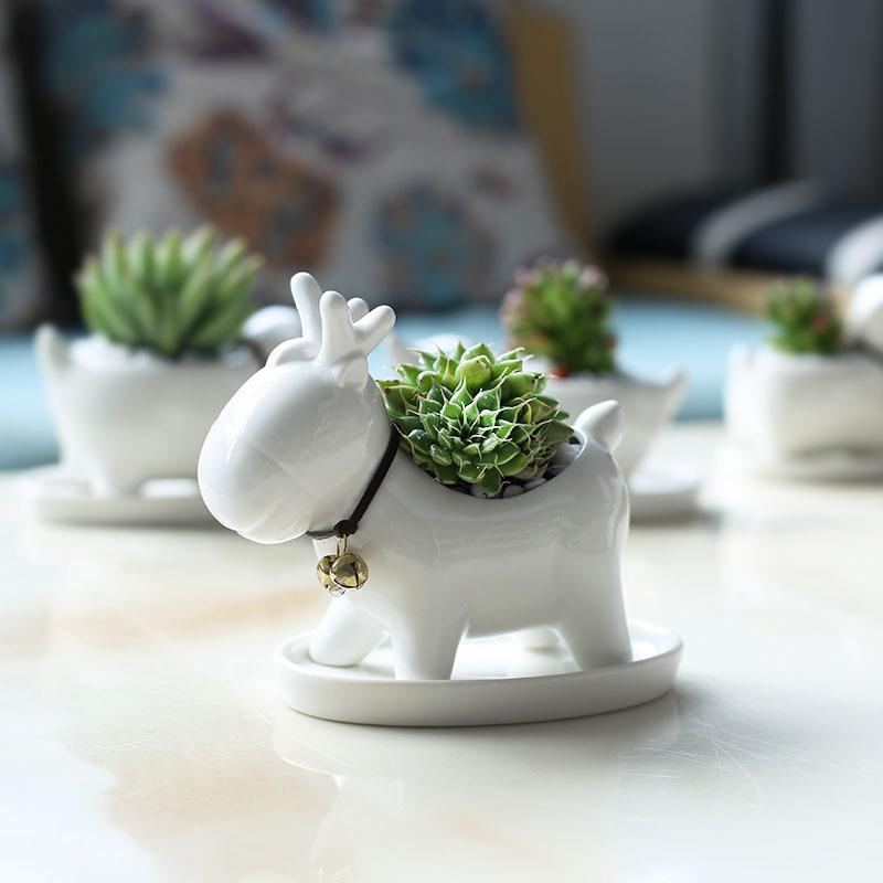 European-Style Ceramic Succulent Flower Pot, Creative Office Desktop Christmas Elk Green Plants Animal Potted Plants